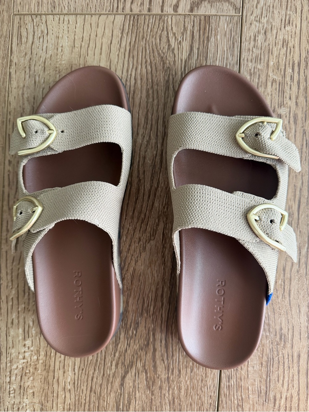 Rothy’s Double Buckle Sandals Beige Taupe Knit Blue Accent